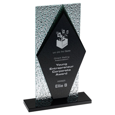 Black Glass Trophy - Diamond And Base With Clear Frosted Backdrop - 10.5in