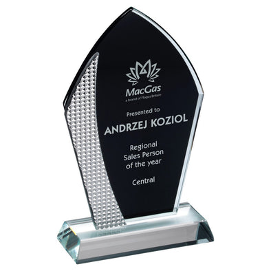 Black Backed Clear Glass Trophy - Arrowhead With Silver Detail - 7.75in