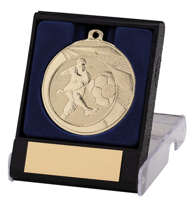 50mm Gold Football Striker Medal in Plastic Flip Box