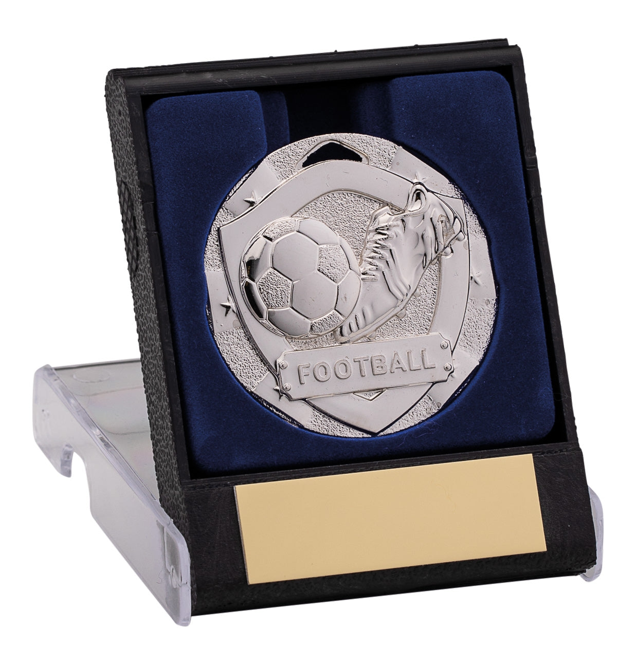 50mm Silver Football Boot and Ball Medal in Plastic Flip Box