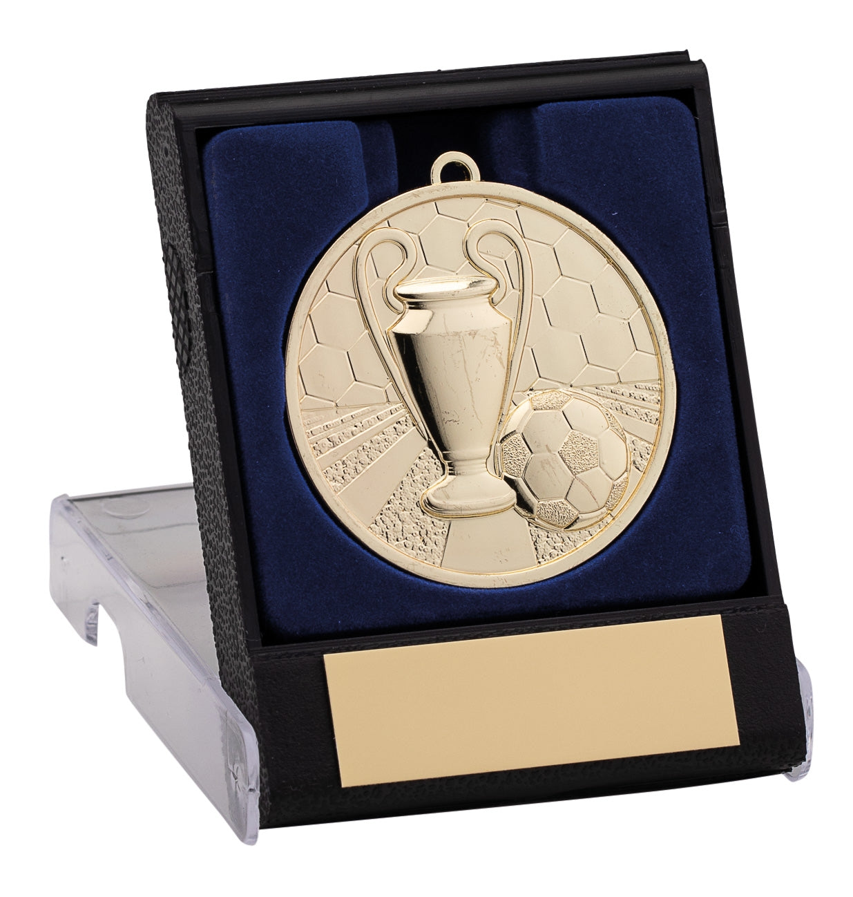50mm Gold Football Cup Medal in Plastic Flip Box