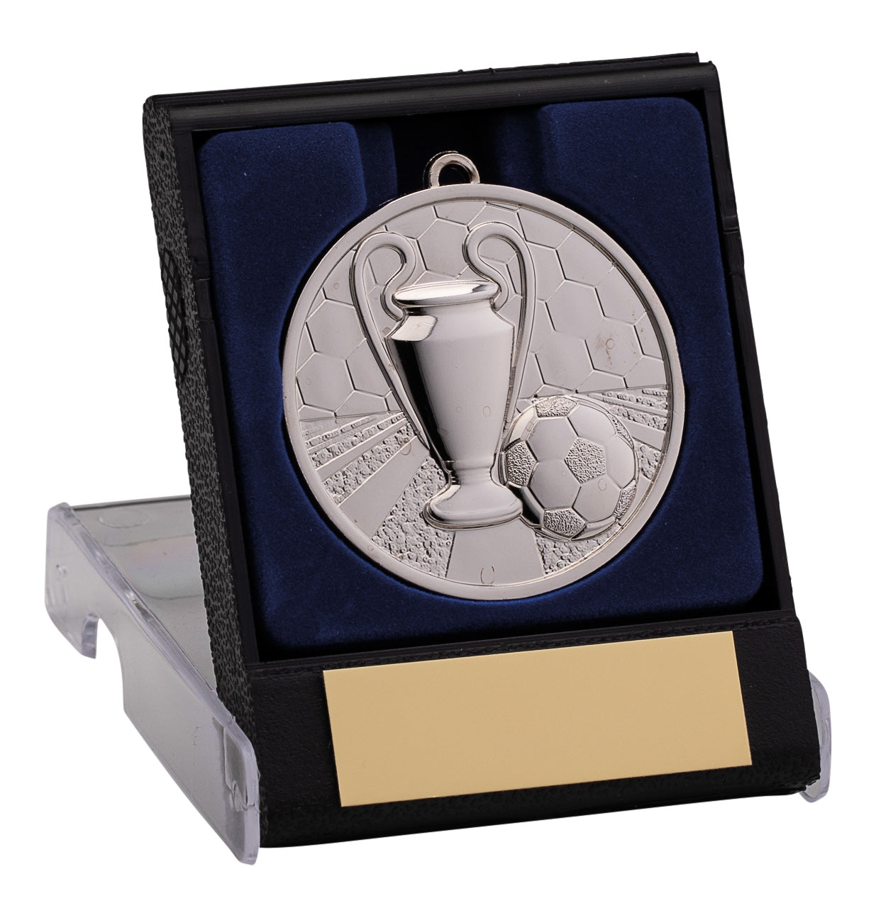 50mm Silver Football Cup Medal in Plastic Flip Box