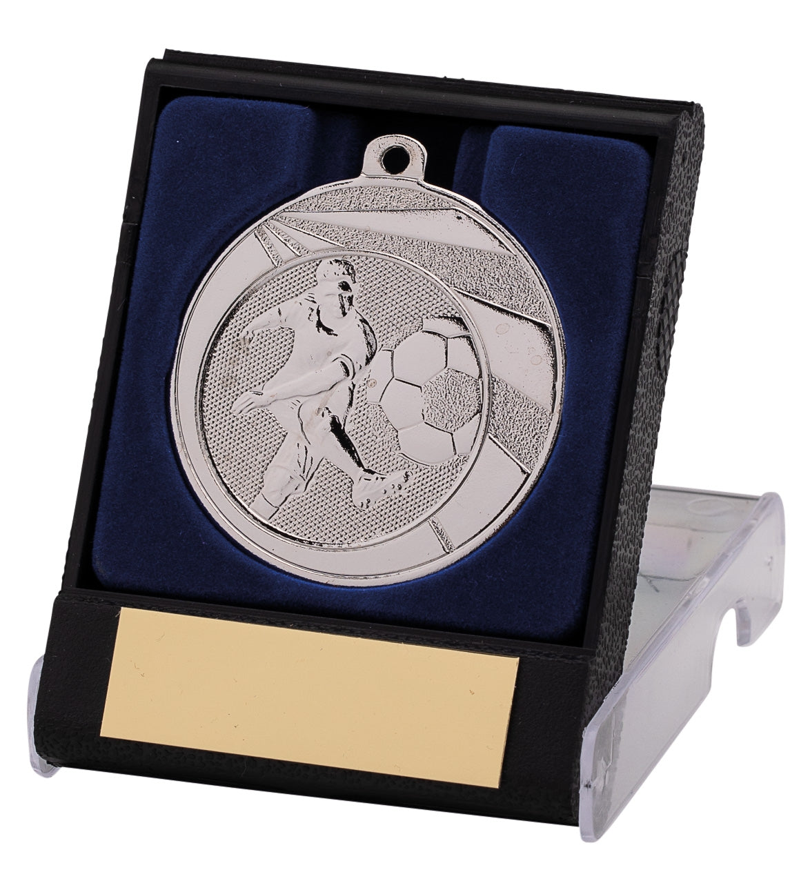 50mm Silver Football Striker Medal in Plastic Flip Box