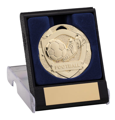 50mm Gold Football Boot and Ball Medal in Plastic Flip Box